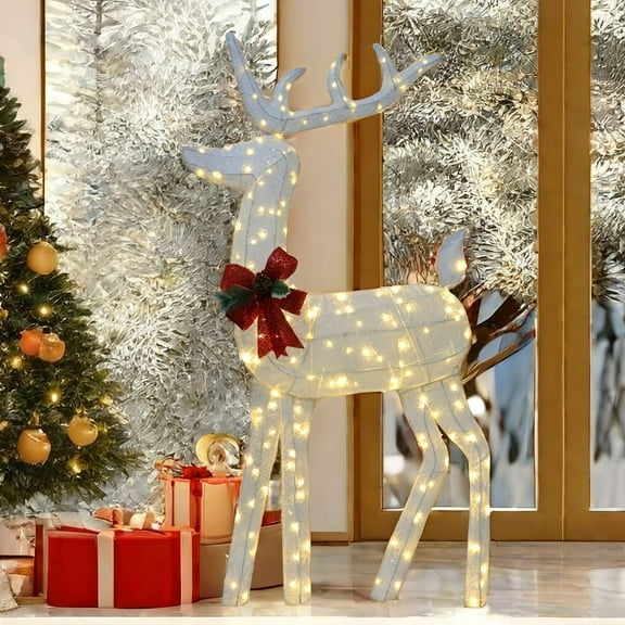 5FT 180LED Christmas Reindeer Decoration, Standing Reindeer, Ligh Deer With Red Bow, Suitable For Xmas, Family, Holidays, Christmas Eve, Party Decor