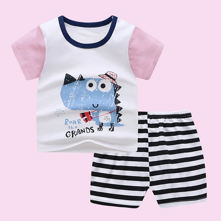

TMOYZQ Children Summer Two Piece Set Casual Round Neck Short Sleeve Black Cartoon Printed T-shirt Tops + Elastic High Waist Shorts Boys Girls Sports Suit Outfits