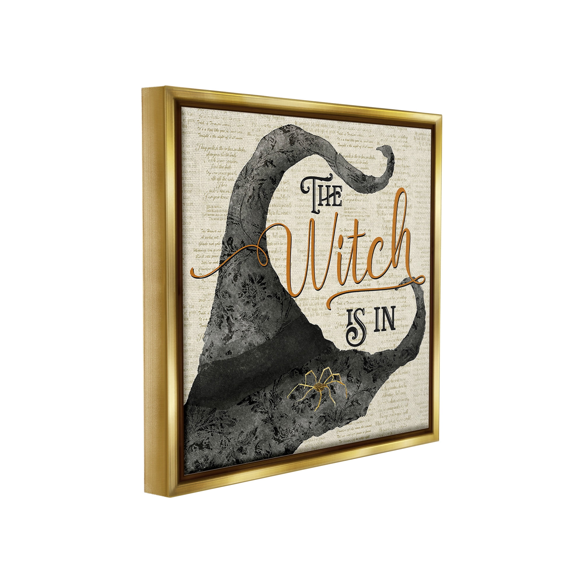 Stupell Industries Vintage Witch Hat Phrase Holiday Painting Gold Floater Framed Canvas Art Print Wall Art, 25 x 25