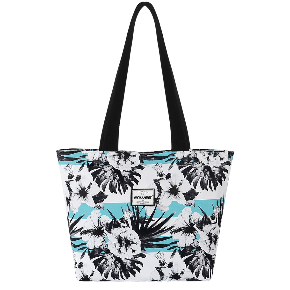 Hawaiian Print Hibiscus Floral Leaf Duffle Travel Foldable Bag in Graffiti Black