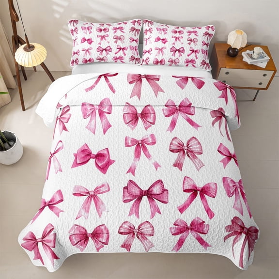 Erosebridal Lovely Coquette Bow-Tie Kids Twin Quilt Set,Cute Pink Bowknot Print Twin Coverlet Set For Girls,2 Pieces