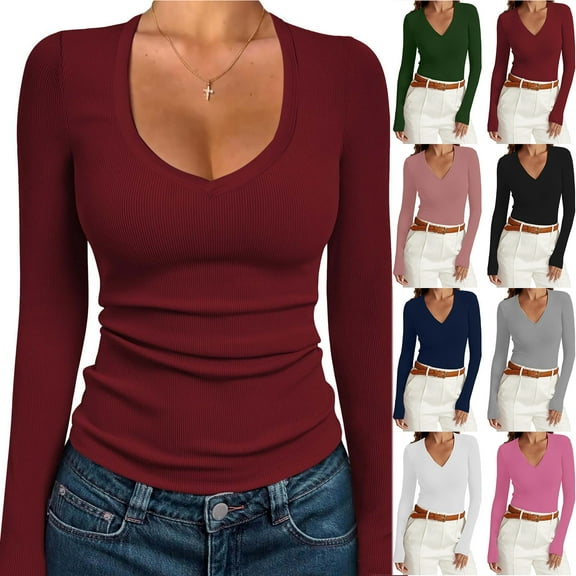Otntypg Women Long Sleeve V Neck Shirts for Women Business Casual Work Top Knit Slim Fit for Fall Spring Lightweight Thin Basic Tees Blouse Black XL