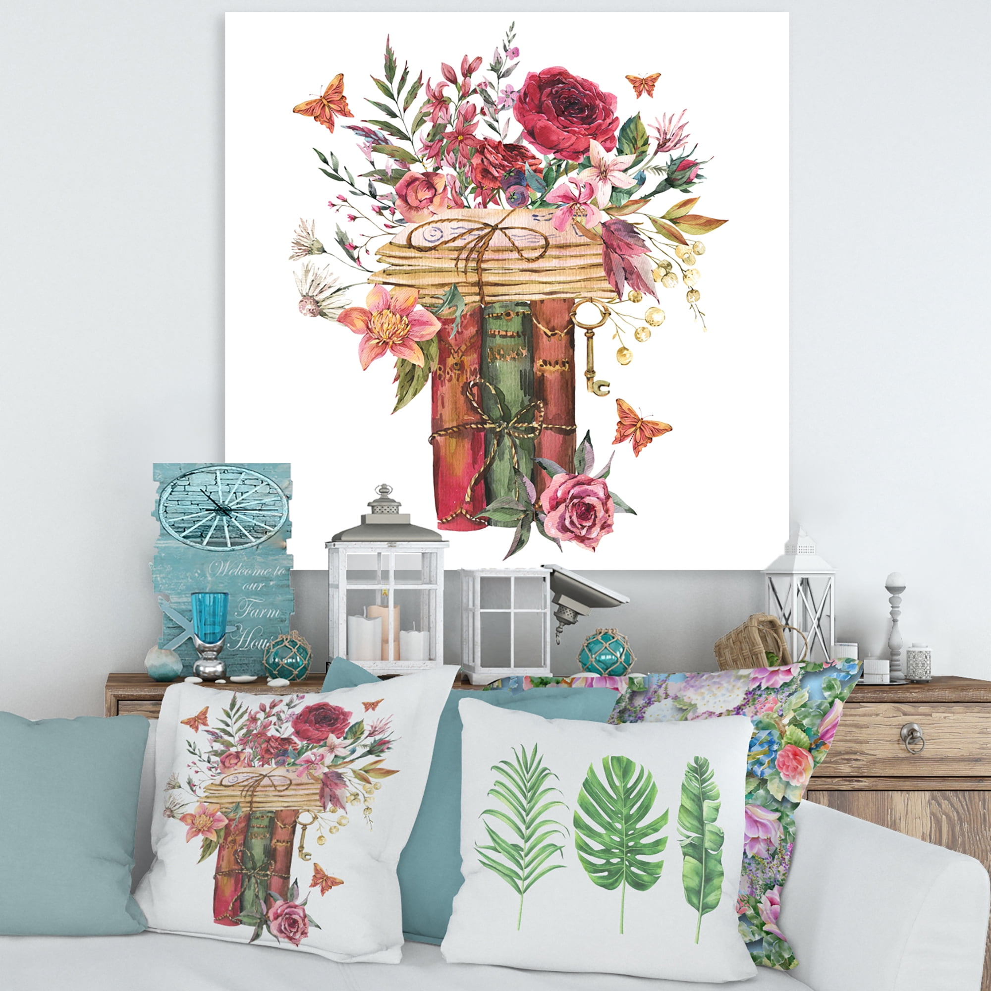Wildflowers With Vintage Old Books 30 in x 30 in Painting Canvas Art Print, by Designart