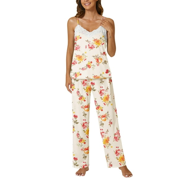 Gleelist Women Pajamas Sets 2 Piece Cami Top Pants Set V Neck Pj Lace With Pockets Soft Sleepwear