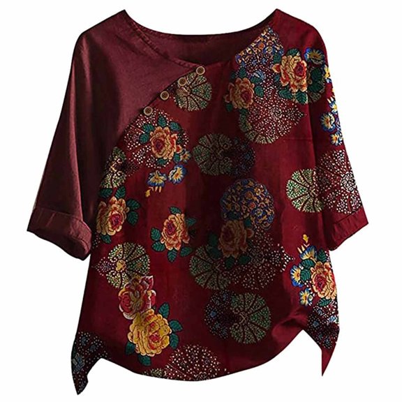 Moocorvic Long Sleeve Shirts for Women Summer O-Neck Short 3/4 Sleeve Printed Loose Shirt Tops Blouse