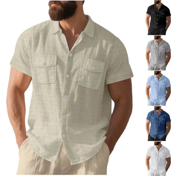 SGFCWSX Men's Linen Shirt Short Sleeve Button Down, Lightweight Breathable Double Pocket Summer Casual Beach Wear Khaki Size XL