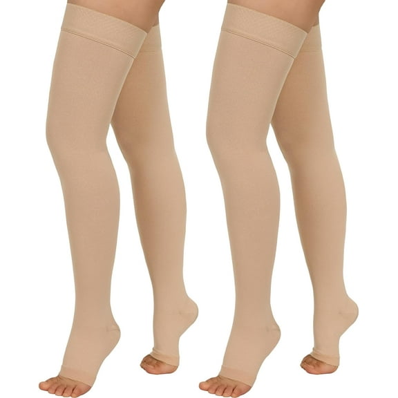 Wukang 2 Pairs Compression Stockings for Women & Men,20-30mmHg Thigh High Compression Socks,Open Toe Medical Compression Socks with Silicone Dot Band