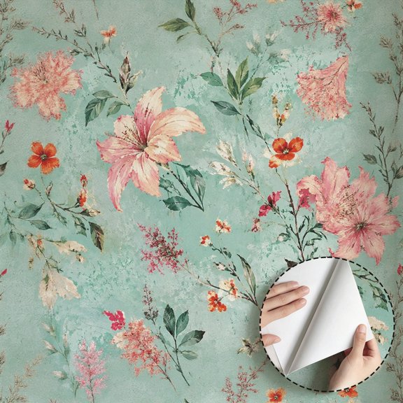 Watercolor Pink Floral Wallpaper Vintage Boho Rustic Peel and Stick Waterproof Wallpaper Home Decor for Living Room Bedroom Bathroom Kitchen Cabinet Drawer Dorm Room 17.7 * 118 in