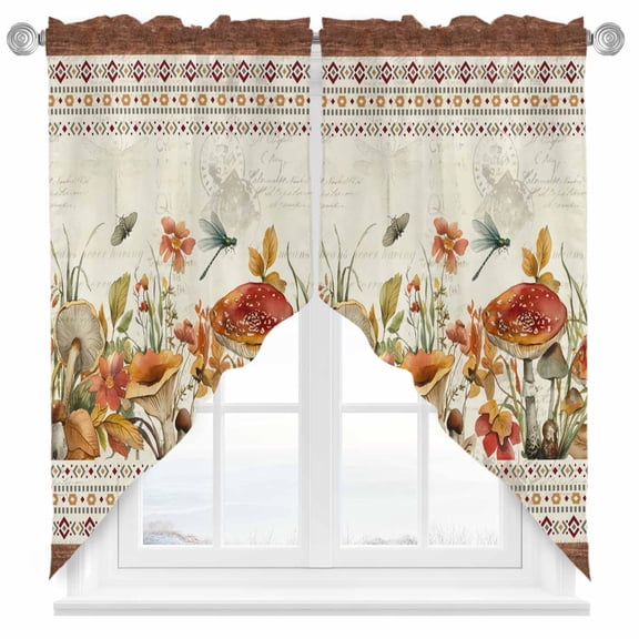 Fall Mushrooms Swag Curtain Valance for Windows, Wildflowers Dragonfly Window Treatments Short Swag Topper for Kitchen Windows Bathroom Bedroom, 36"x45"