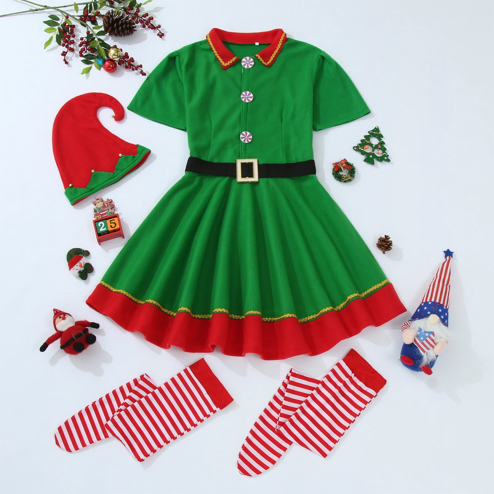 DHFJKG Christmas Elf Outfit For Family Matching Womens Short Sleeve Turndown Collar Dress With Hat Socks 3 Piece Sets Classic Perfomance Wear