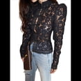 thumbnail image 3 of Camisa de Larga con Botones y Cuello Alto de Encaje de Crochet para Mujer, Estilo Informal, Ajustada, con Botones. Negro S, 3 of 10