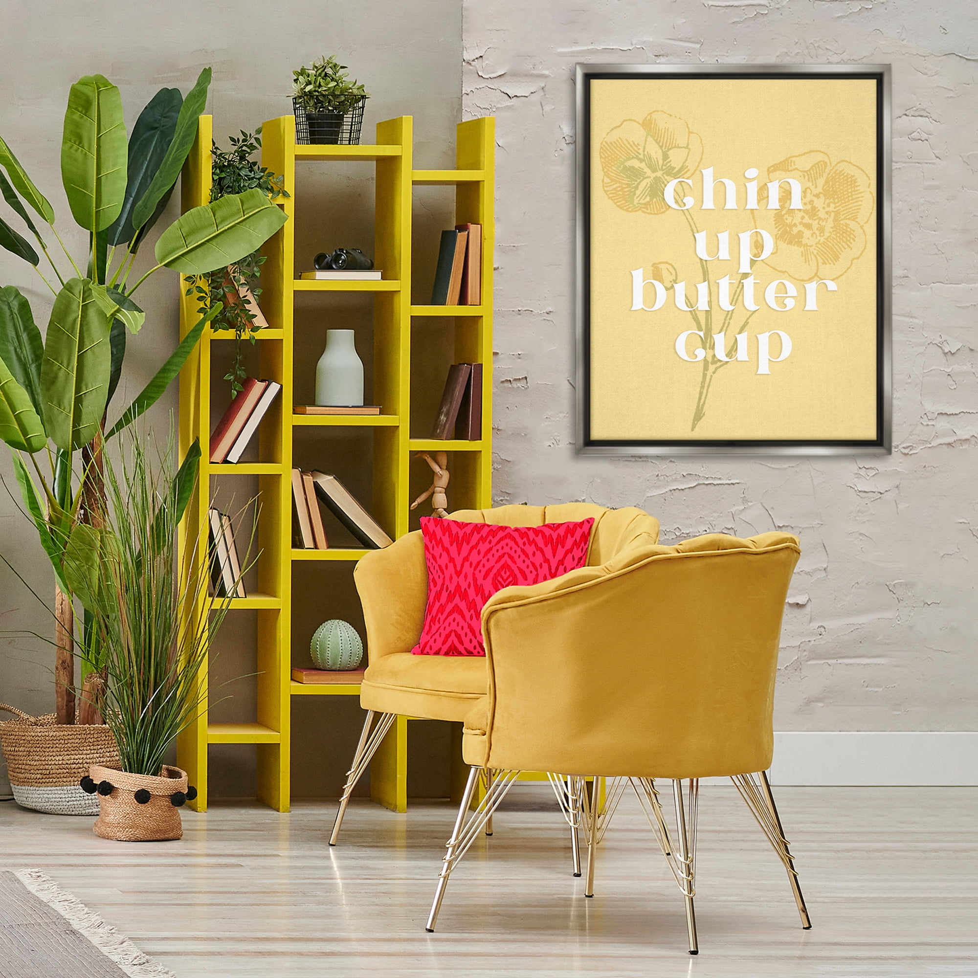 Stupell Industries Floral Chin Up Phrase Plants & Flowers Painting Gray Floater Framed Canvas Art Print Wall Art, 25 x 31