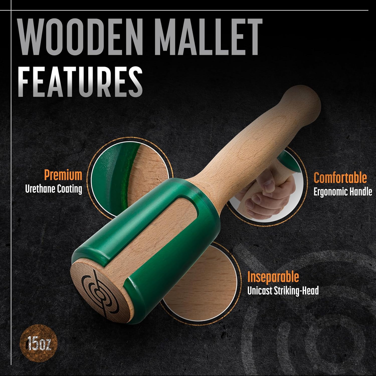 Schaaf Tools Wood Carving Mallet, 15 oz Woodworking Mallet with Ergonomic Wooden Handle and Non-Marring Urethane Head