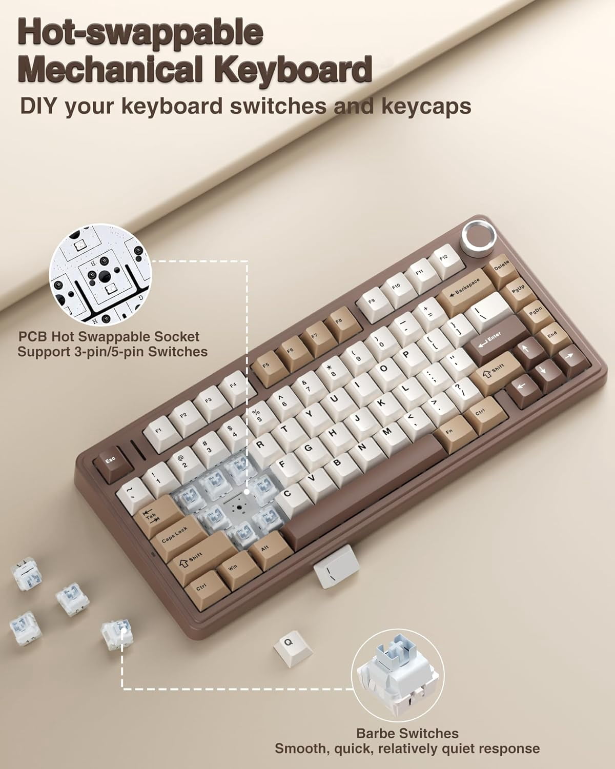 F75 75% Mechanical Keyboard, Hot Swappable Creamy Keyboard, Pre-lubed Linear Switches, 2.4GHz/Type-C/BT5.0, Backlit Gaming Keyboards(White&Brown)