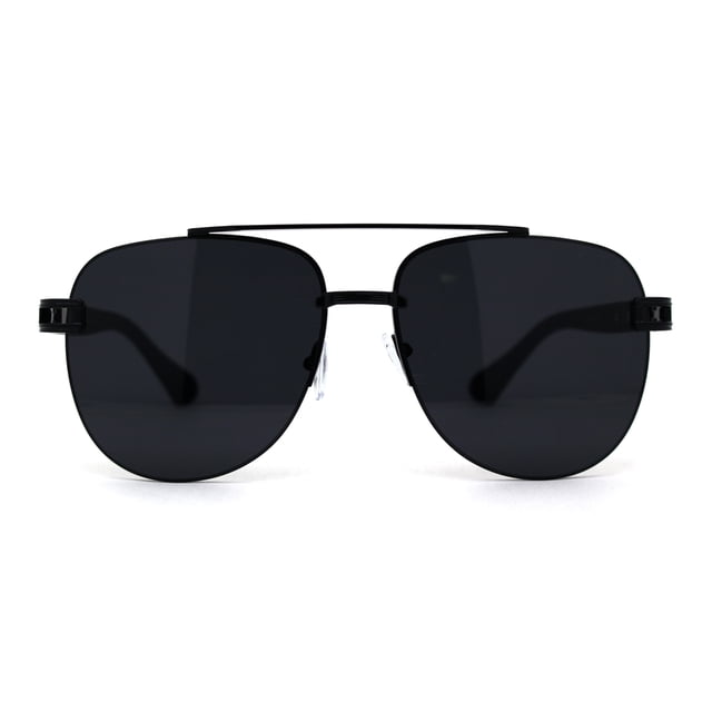 Mens Classic Double Top Bridge Tear Drop Aviator Metal Sunglasses in all black, designed for men's accessories. Features oversized tear drop-shaped lenses with a high brow double bridge design. Made with 100% UV400 polycarbonate lenses and an alloy metal frame. Dimensions: 5 7/8 inches (150mm) wide by 2 3/16 inches (56mm) high.
