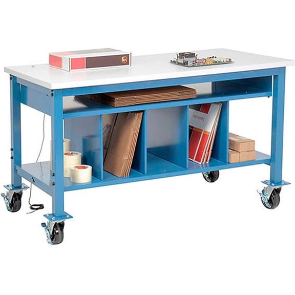 Global Industrial 412473AB Mobile Packing Workbench with Lower Shelf & Power - ESD Square Edge - 72 x 36 in. - Blue