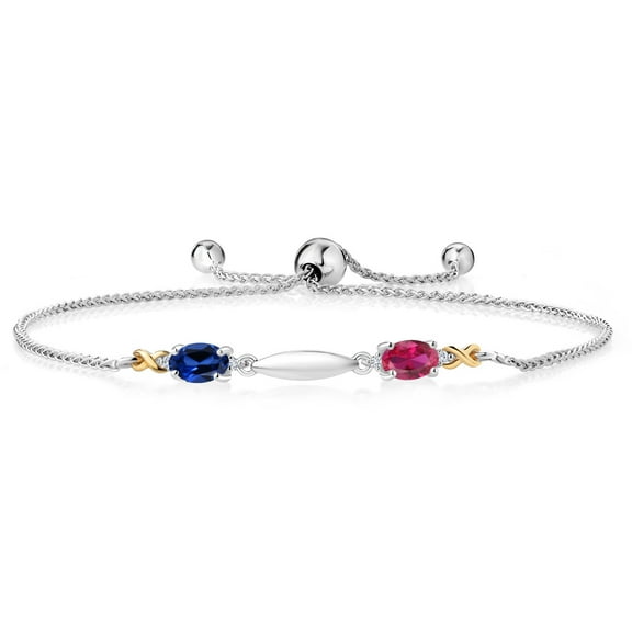 Gem Stone King 1.14 Ct Blue Created Sapphire Red Created Ruby 925 Silver and 10K Yellow Gold Lab Grown Diamond Bracelet for Women