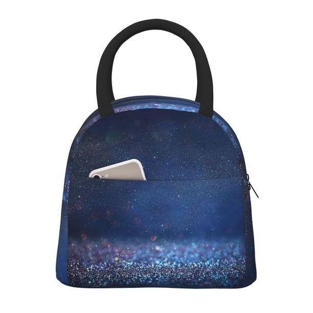 Balery Retro Blue Glitter Bolsa de Almuerzo para Mujeres, Caja de Almuerzo, Bolsa de Almuerzo Pequeña Impermeable, Tote de Almuerzo Reutilizable con Gran Capacidad