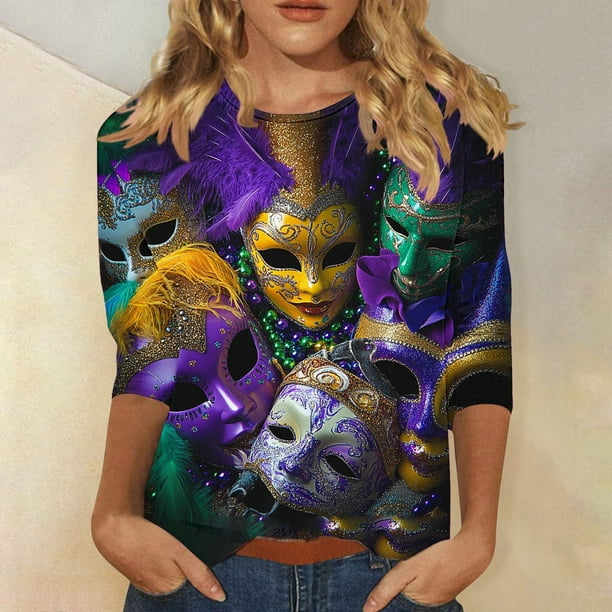 RKSTN Mardi Gras 3/4 Sleeve T Shirts for Women Top Oversized Crewneck Carnival Mask Print 3/4 Length Sleeve Shirt Womens Casual Round Neck Mask Tuesday Carnival Party Three Quarter Sleeve Tee Shirt