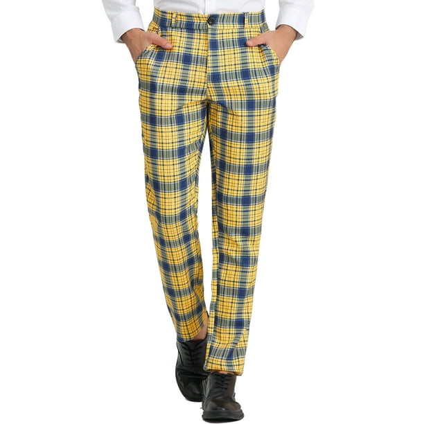Pantalones de graduación a cuadros para hombre Pantalones de traje a cuadros formales de ajuste regular Amarillo azul S