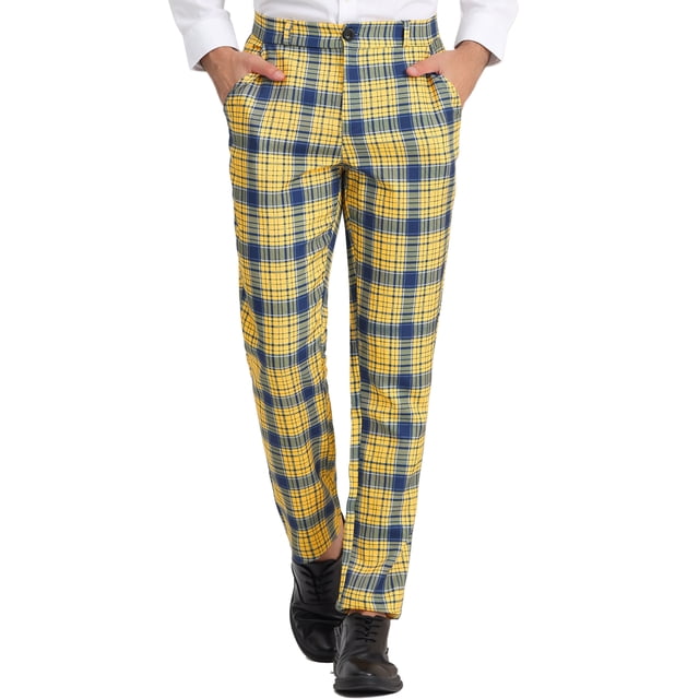 INSPIRE CHIC Men's Pant Checked Prom Formal Regular Fit Suit Pant 34 Yellow Blue