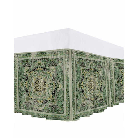 Turkish Boho Bed Skirt King Size 16" Drop Green Wallpaper Murals Retro Medieval Ruffled Wrap Around Bed Skirts Adjustable Elastic Bedskirt Dust Ruffle for King Size Bed