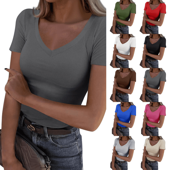 Scoop Neck Tops for Women 2026 Cute Summer Soft Ribbed Short Sleeve Tops Casual Fitted Cropped T Shirts Basic Tees Dark Gray XL