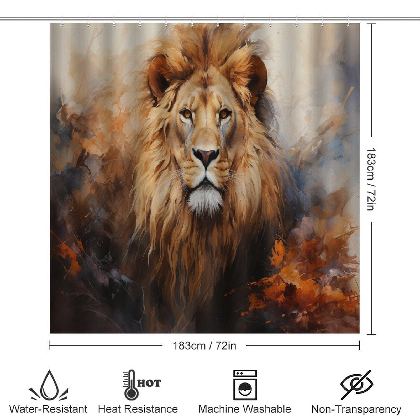 Artistic Lion Face 4 Pcs Shower Curtain Sets with Rugs Include Waterproof Shower Curtain Non-Slip Rug Toilet Lid Cover Bath Mat Wild Animal Lion Head Waterproof Fabric Bath Curtain for Bathtub Decor