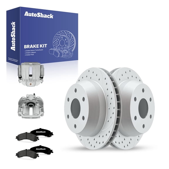 AutoShack Rear Vented Drilled & Slotted Coated Brake Rotors Silver Matte Finish   Premium Ceramic Pads   Calipers 8-PC Brake Kit Replacement for 2000-2001 GMC Yukon XL 1500 TurboGuard 12.99" (330 mm)