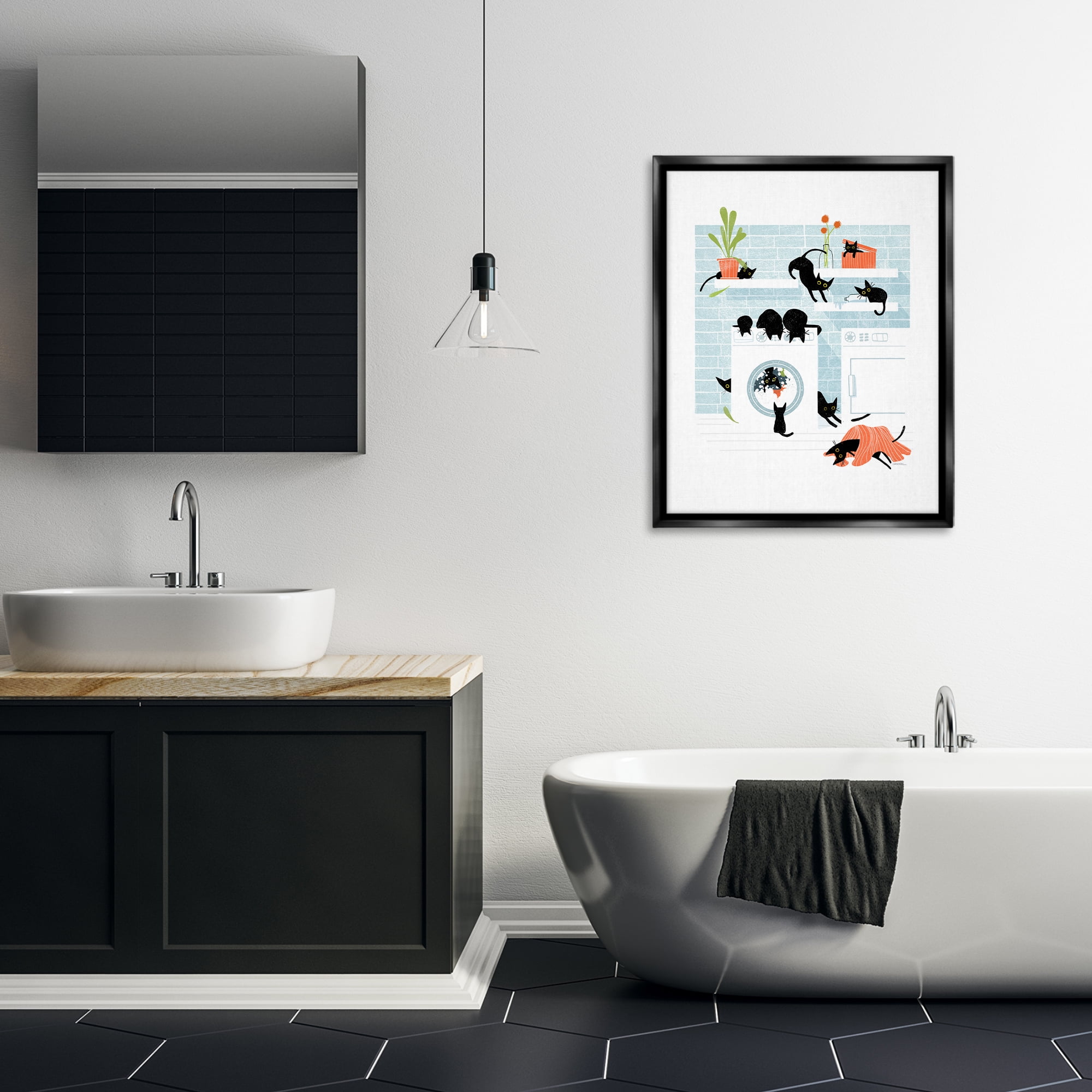 Stupell Industries Black Cats in Laundry Bath & Laundry Painting Black Floater Framed Canvas Art Print Wall Art, 25 x 31