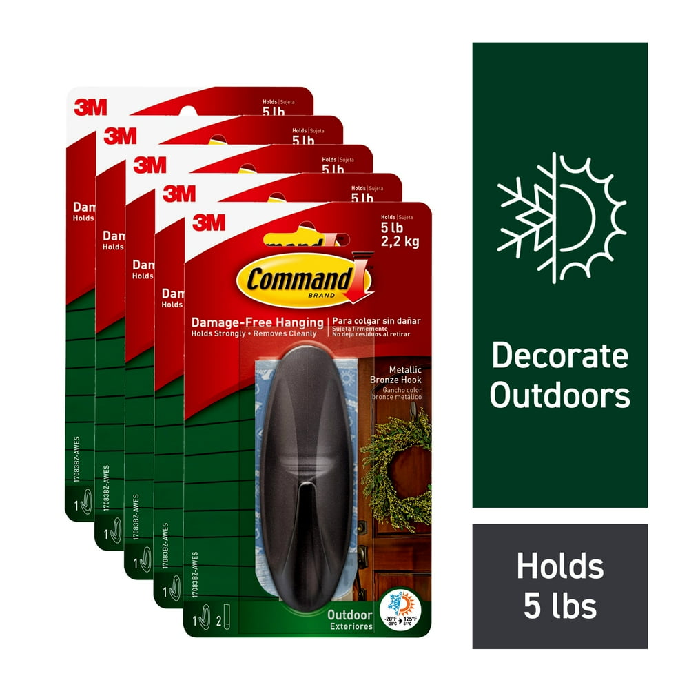 Command Outdoor Designer Hook, Large, Metallic Bronze, 5 Hooks, 10