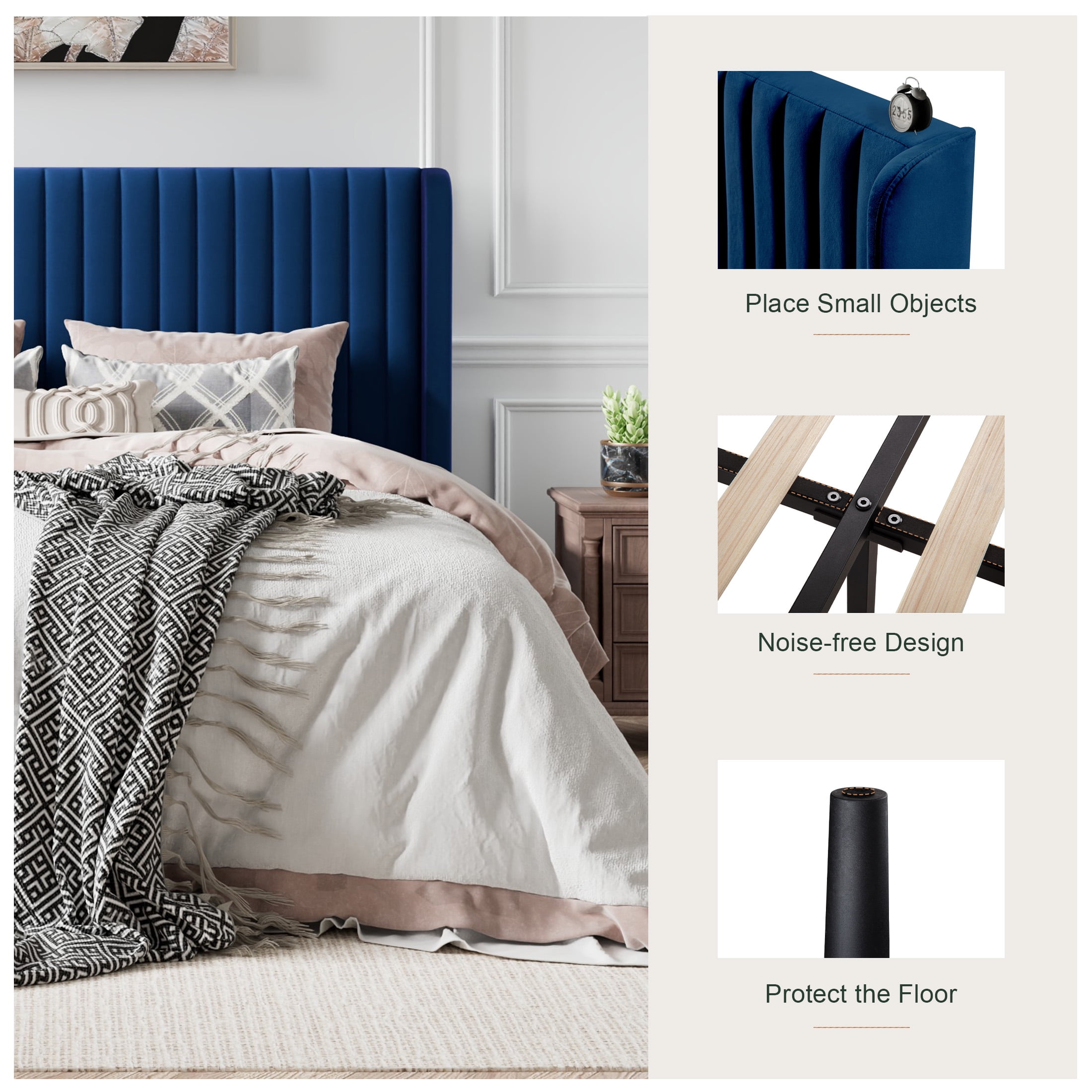Amolife Full Size Velvet Upholstered Bed with Wingback Headboard, Dark Blue