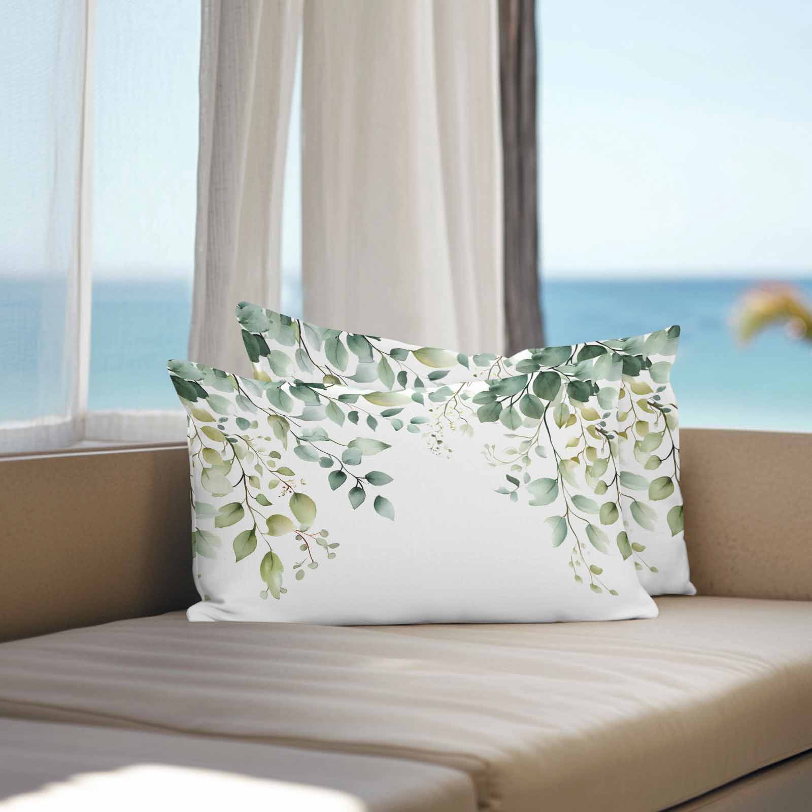 Outdoor Throw Pillows Covers 12X20 Set of 2 Waterproof Sage Green Floral Decorative Zippered Cushion Covers for Patio Furniture, Watercolor Eucalyptus Leaf Boho Botanical Lumbar Pillowcases