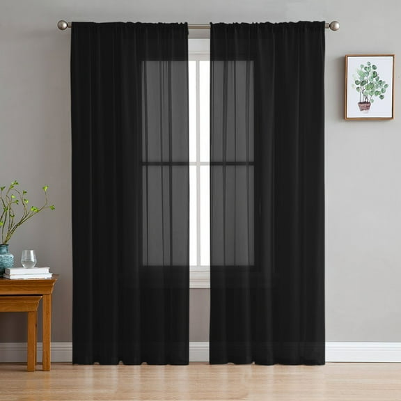Black Semi Sheer Curtains 84 Inch Length 2 Panels Set, Pure Black Sheer Kitchen Curtain Privacy Voile Window Curtain for Living Room Bedroom Rod Pocket Drapes