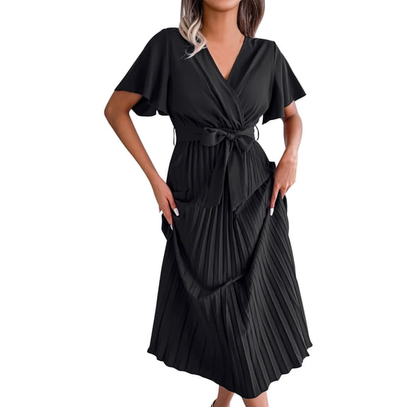 Blmnix Satin Dress Women Dress Semi Formal Cocktail Dresses Fit & Flare Under Dresses V-Neck Cocktail-Length Black Short Sleeve Belted Summer Dress M