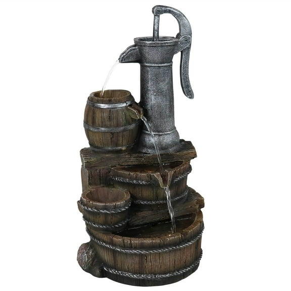 Sunnydaze Cozy Farmhouse Pump and Barrels Polyresin Outdoor Water Fountain