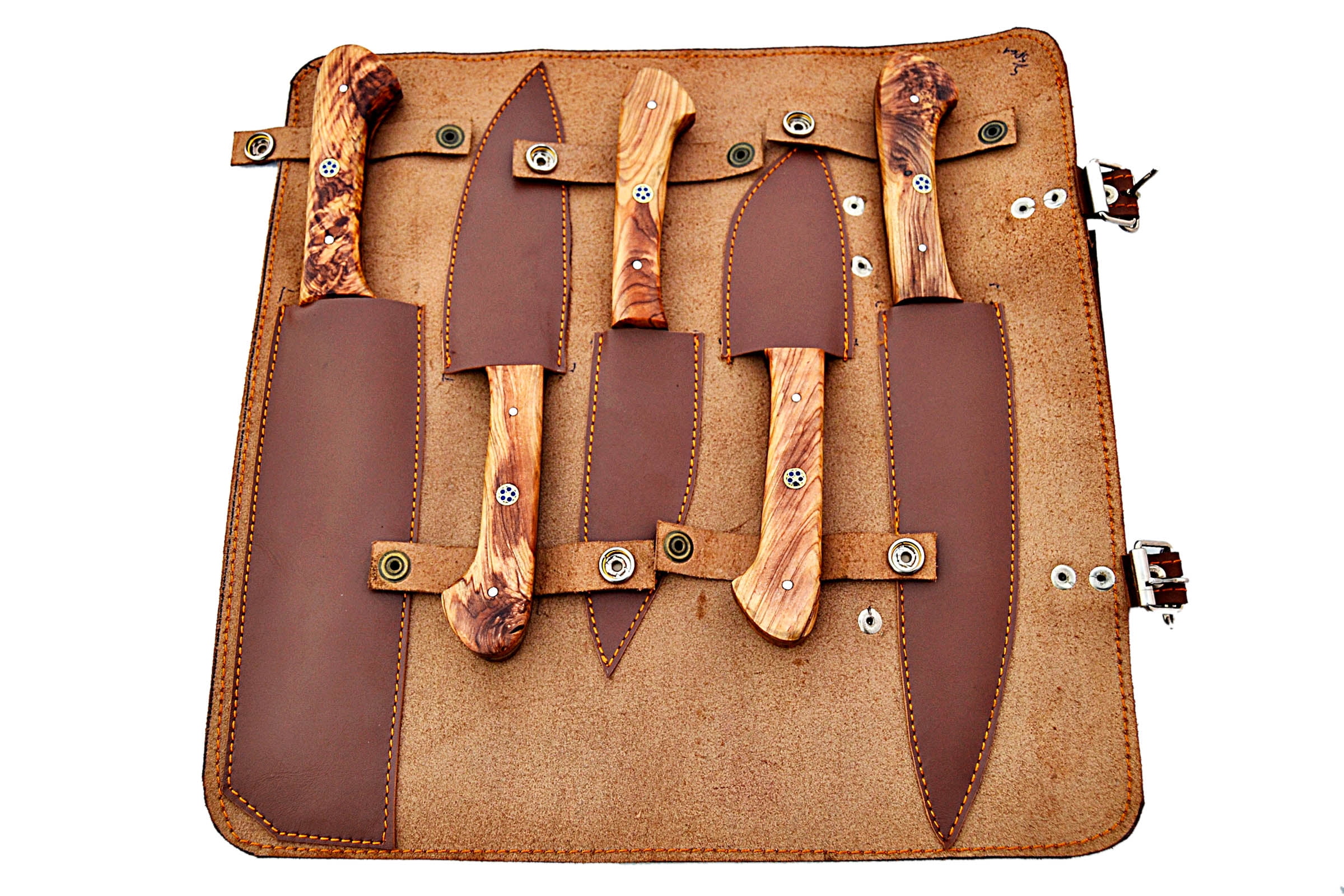 Smart & Sharp Custom Handmade Damascus Chef Knives Set/Kitchen Knives 5 Pieces Set 17324 (Olive wood)