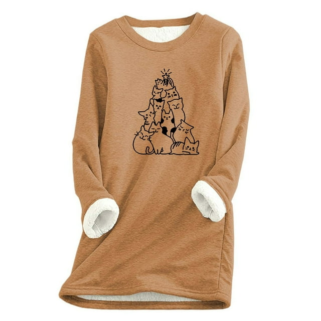 Ladies Christmas Tree Cats Print Long Sleeve Thermal Underwear Base Layer Top For Winter Warmth