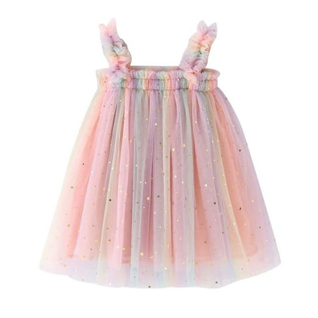 

Summer Savings Clearance! PEZHADA Dresses for Baby Girls Toddler Kids Cute Summer Mesh Sequin Star Rainbow Suspenders Dress Skirt Pink