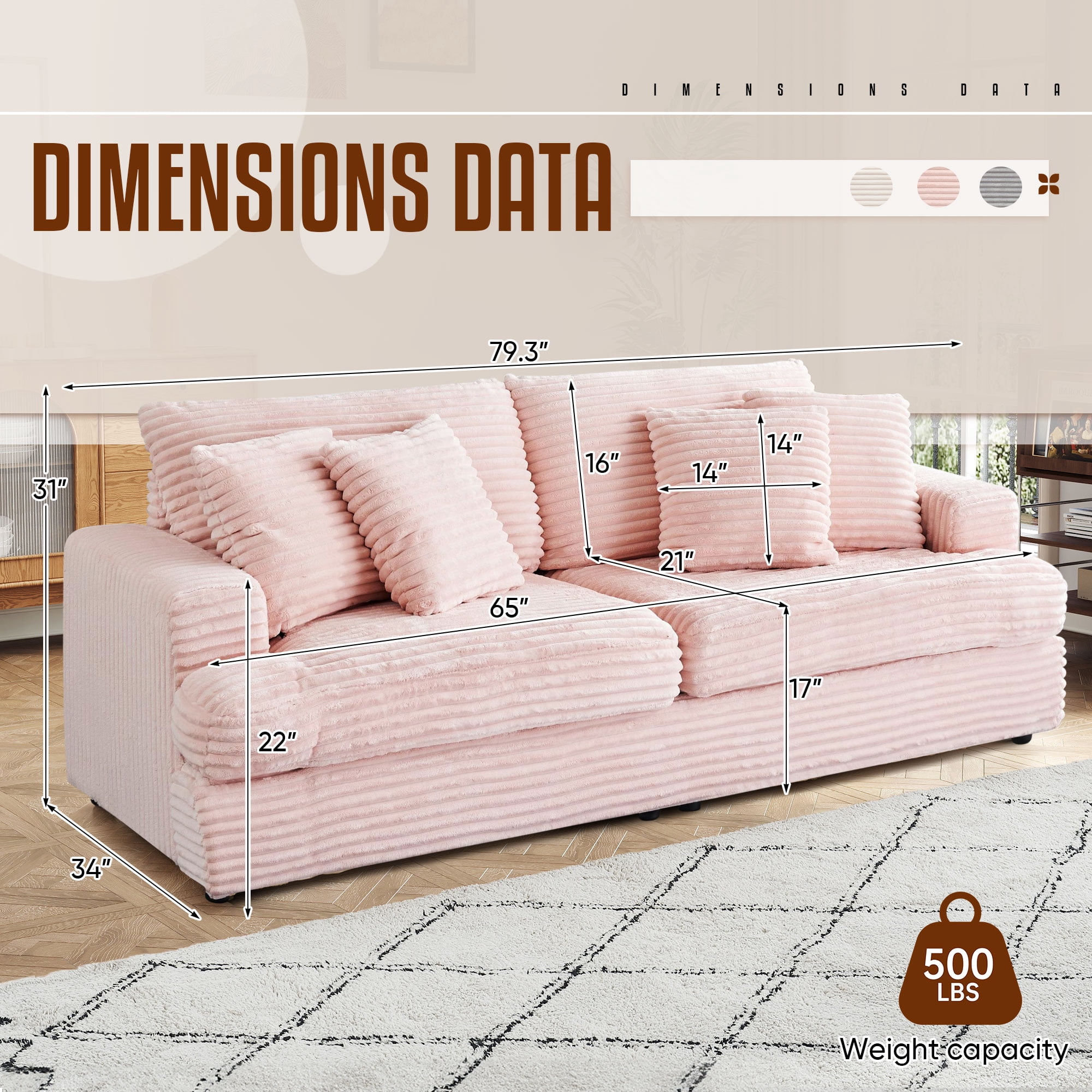 Dinosisco Corduroy Loveseat Sofa, Upholstered 3-Seater Sleeper Couch for Living Room, Pink