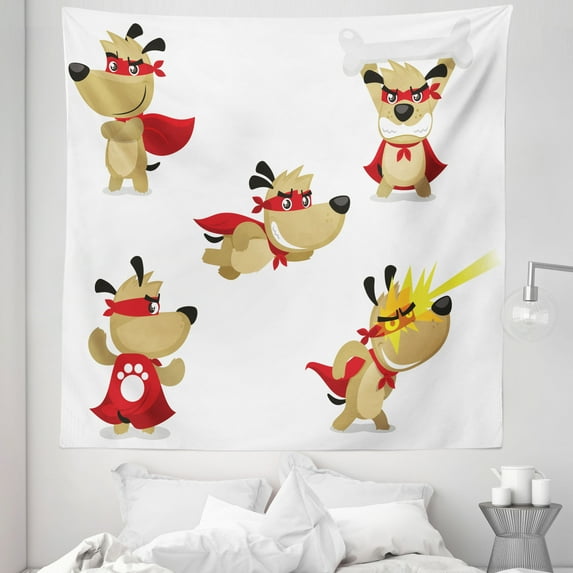 Animal Tapestry, Superhero Puppy Paw Costume and Mystic Powers Laser Vision Supreme Talents, Fabric Wall Hanging Decor for Bedroom Living Room Dorm, 5 Sizes, Red Cream White, by Ambesonne