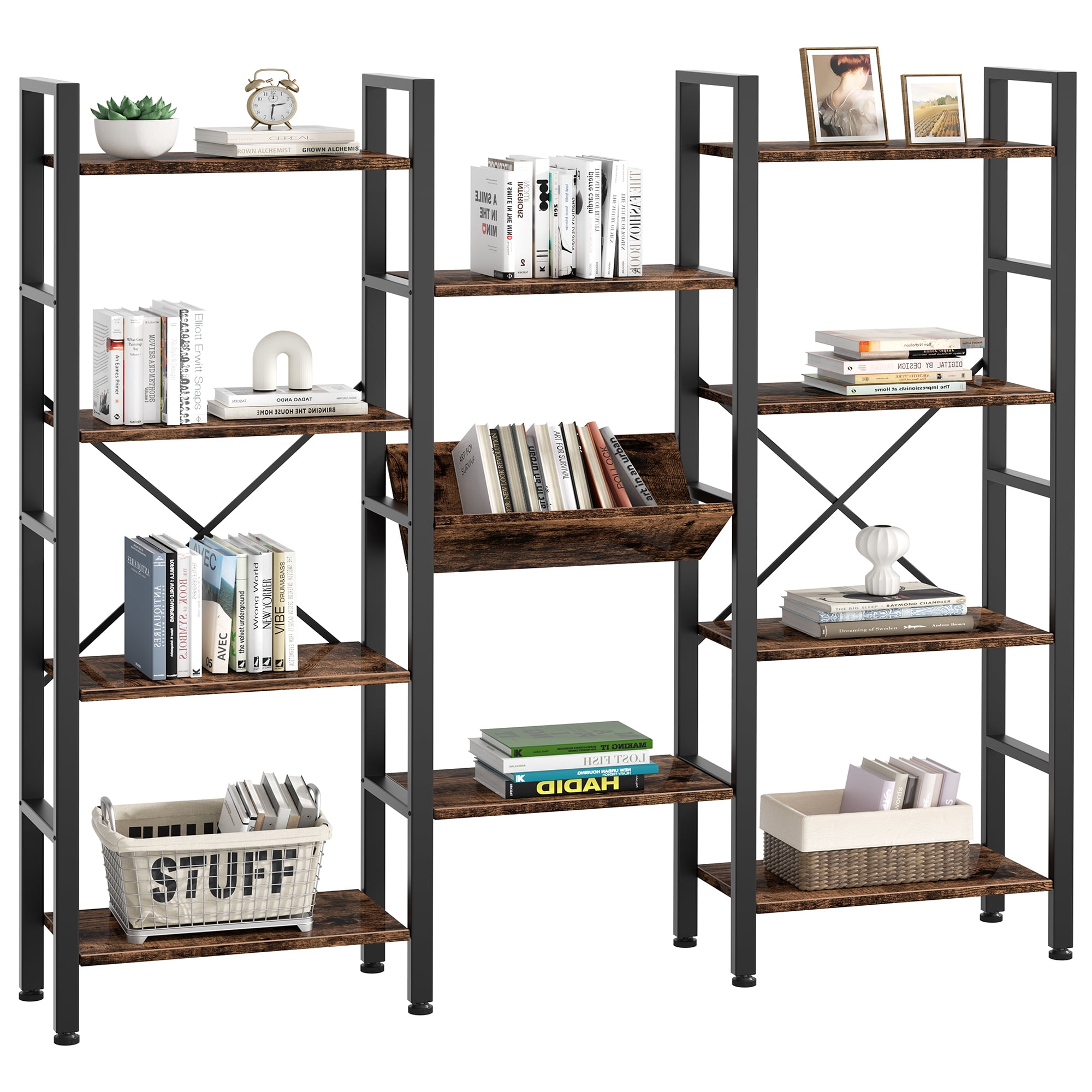 Walsunny Triple Wide 4 Tier Bookshelf Bookcase Wooden Bookshelves with 11 Open Display Shelves for Bedroom Living Room Home Office,Rustic Brown