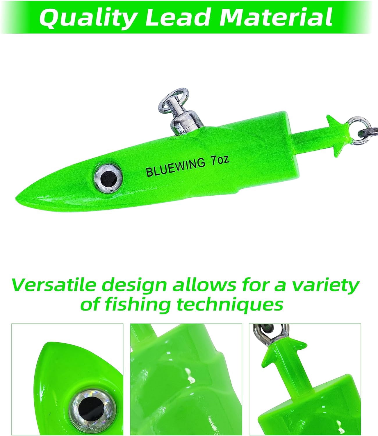 BLUEWING Big Game Jig Head with High Strength Stainless Steel Ball Bearing Swivel and High Carbon Steel Hook 1pc Saltwater Fishing Lures Lead Head Fishing Jig, Green 4oz