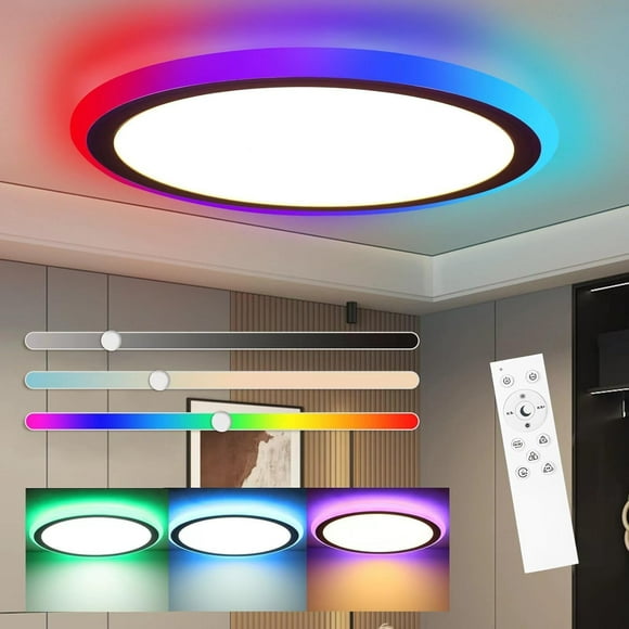 TRAHOO-Flush Mount LED Ceiling Light Dimmable with Remote Control, 13Inch 30W RGB Sidelight Close to Ceiling Light Fixture 3000-6500K, Modern Ultra-thin Round Ceiling Lamp for Bedroom Kids Room Part