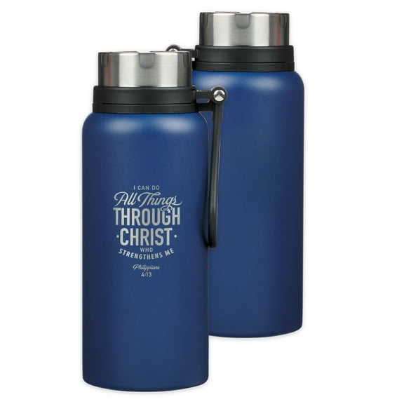 Christian Art Gifts All Things Through Christ Philippians 4:13 Laser Engraved Blue Stainless Steel Double Wall Vacuum Insulated Water Bottle w/Carry Handle Strap Lid for Men & Women, Hot/Cold, 32 oz.