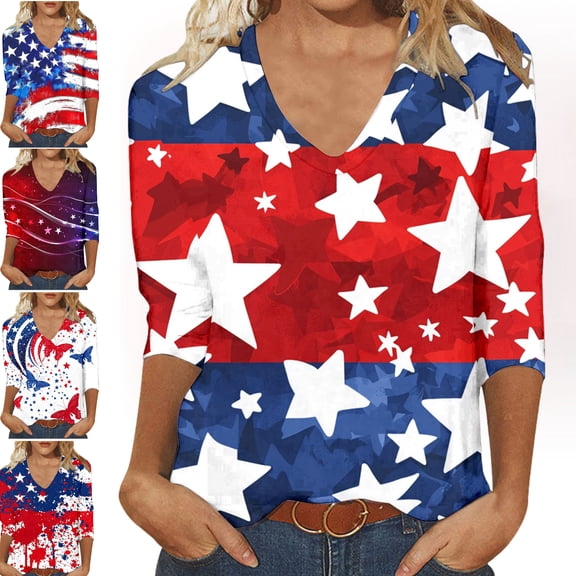 Gamivast Plus Size 4Th of July Patriotic Tunic Tops for Women USA American Flag 3/4 Sleeve V Neck Stars And Stripes Casual Loose Fit Stretchy Soft Summer Tops