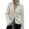 thumbnail image 2 of Womens Tie Front Satin Shirts Deep V Neck Silk Club Tops Long Sleeve Y2k Going Out Blouse White XS, 2 of 9