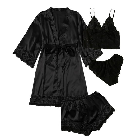 Cqxid525 Women's Sleepwear Women's Long Pyjama Set Placket Silk Night Bra Women's Tops and Shorts Casual Plain Sleepwear Nightdress Sleepwear Pjs Sets Lounge Set Black 2PC