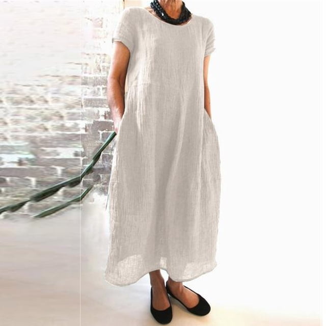 Meichang Robes à Manches Courtes pour Femmes 2024 Décontractées Printemps Coton Lin Robe Maxi avec Poches Été Décontractée Robes Évasées Légères Robe T-Shirt Ample