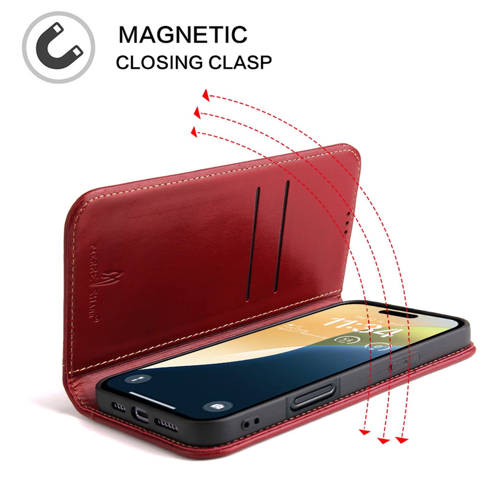 TECH CIRCLE for iPhone 17 Classic Wallet Case, Genuine Leather Magnetic Closure Book Folding Flip Leather Case with Card Holder Kickstand TPU Shockproof Protective Phone Cover,Red